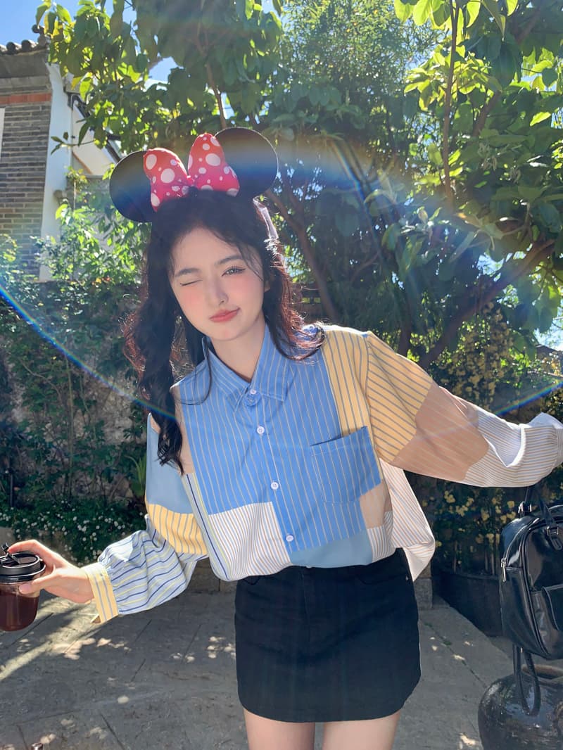 봄 레트로 스트라이프 패치워크 긴팔 여성 셔츠 2026 새로운 Chic 디자인 센스 캐주얼 폴로 칼라 맨위 재킷 상세 이미지 11