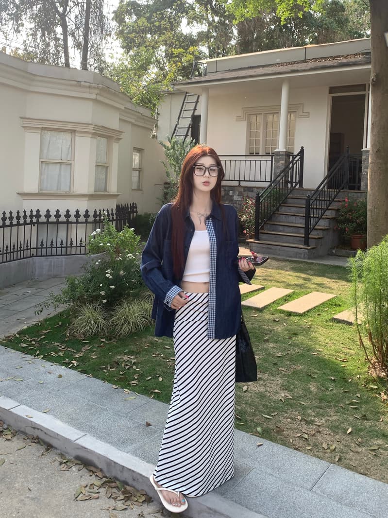 진한 파란색 레트로 워싱 데님 체크무늬 패치워크 여성 셔츠 2026 봄 여름 다용도 캐주얼 맨위 재킷 상세 이미지 5