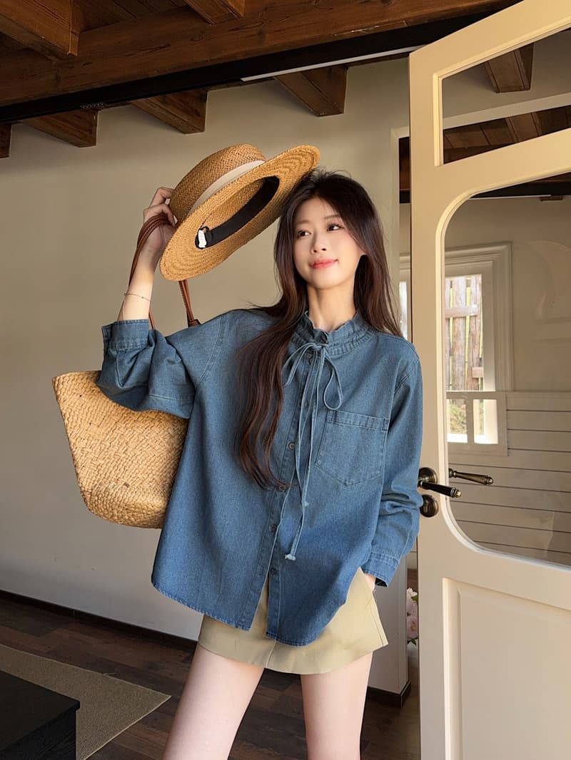 한 부서 레트로 레이스 칼라 레이스업 데님 여성 셔츠 2026 봄 새로운 Chic 디자인 센스 긴팔 맨위 상세 이미지 16