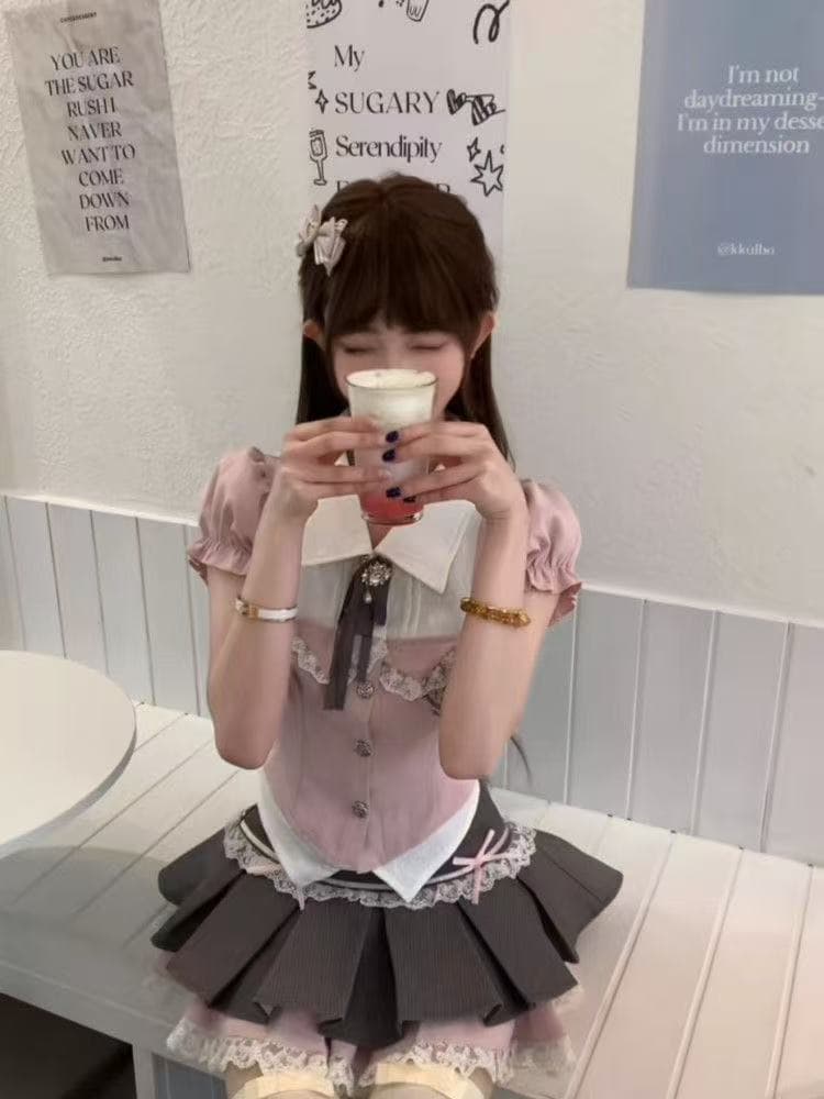 달콤함 부서 학원 스타일 숲속 소녀 세트 드레스 배색 연령 감소 오픈 가디건 맨위 레이스 측면 슬림해 보이는 반신 스커트 투피스 세트 상세 이미지 6