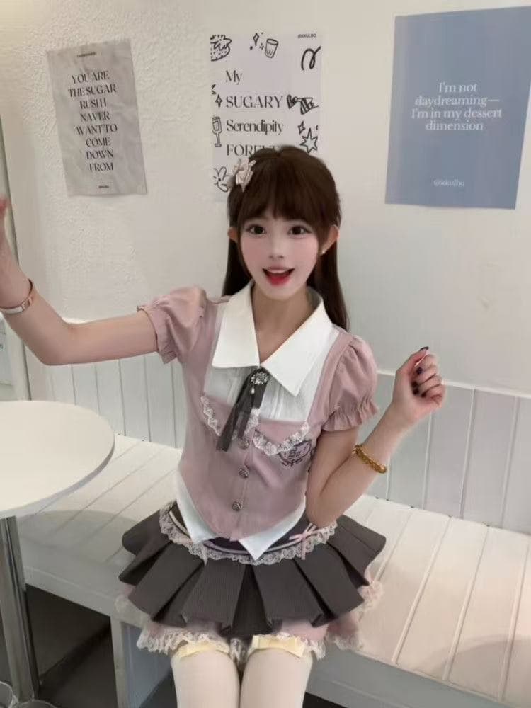 달콤함 부서 학원 스타일 숲속 소녀 세트 드레스 배색 연령 감소 오픈 가디건 맨위 레이스 측면 슬림해 보이는 반신 스커트 투피스 세트 상세 이미지 8