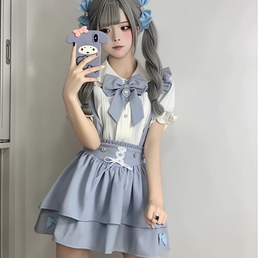 수색 시스템 새싹 서비스 천사 경계 쿠마 대량 생산 종류 여성 레이스 반팔 셔츠 슬립 반신 치마 세트 이미지 5