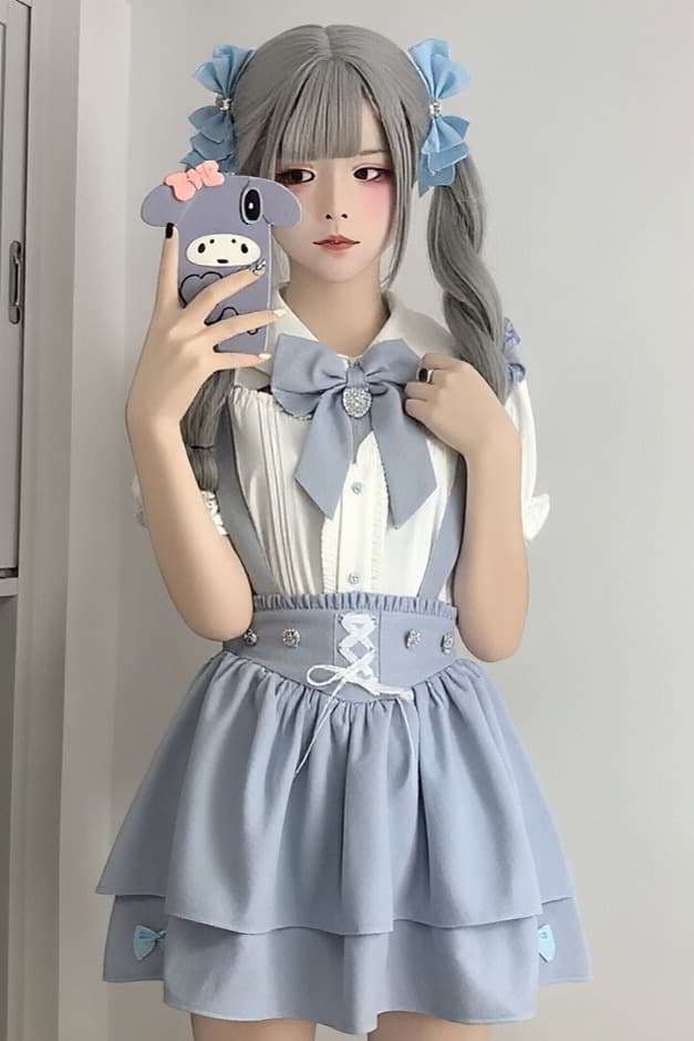 수색 시스템 새싹 서비스 천사 경계 쿠마 대량 생산 종류 여성 레이스 반팔 셔츠 슬립 반신 치마 세트 이미지 6