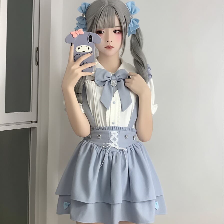 수색 시스템 새싹 서비스 천사 경계 쿠마 대량 생산 종류 여성 레이스 반팔 셔츠 슬립 반신 치마 세트