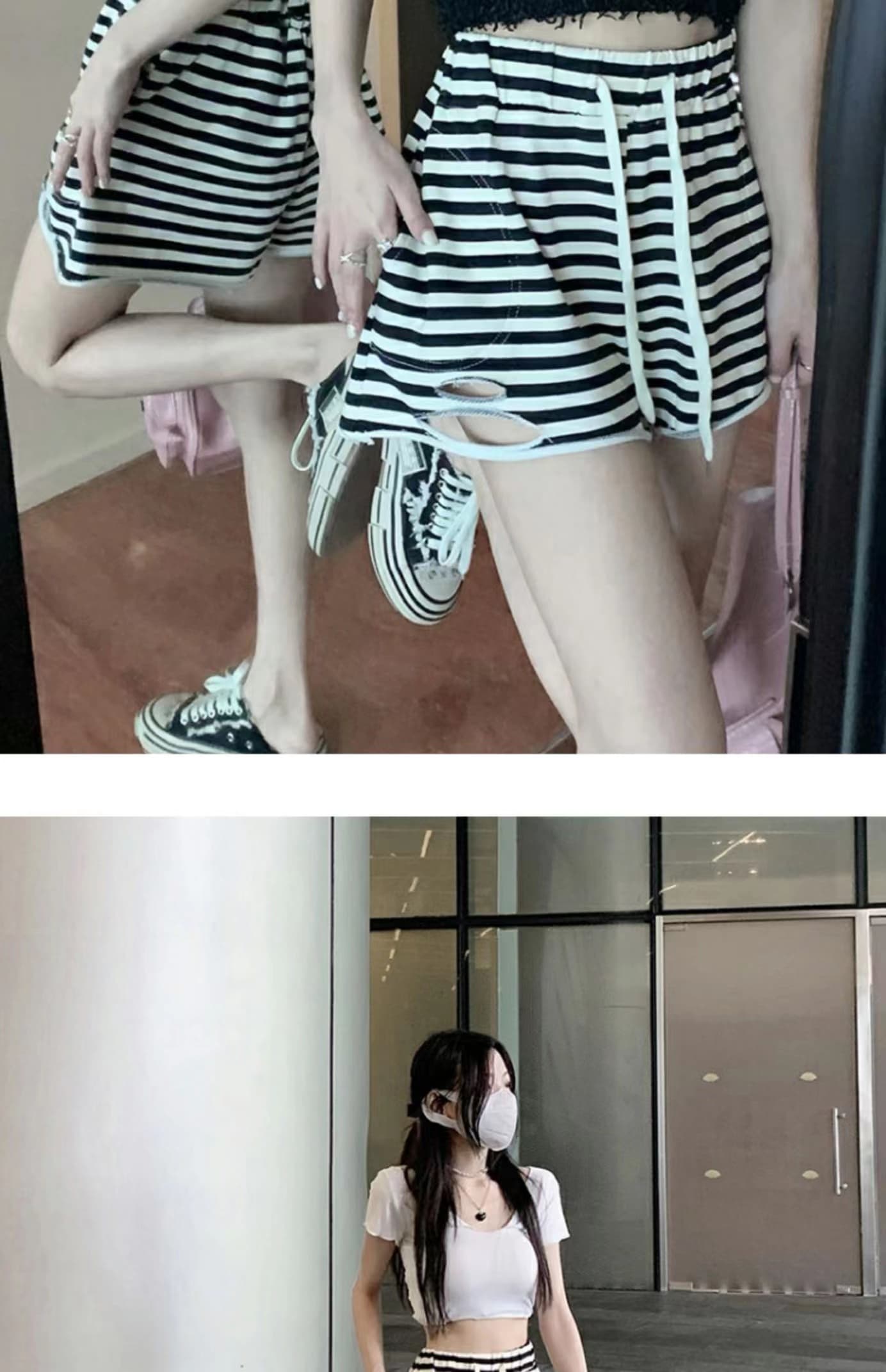 와이드 레그 팬츠 하이웨이스트 스트라이프 핫 바지 루즈핏 슬림해 보이는 캐주얼 바지 5 점 운동 바지 찢어진 부분 스트라이프 밴딩 한 마디 상세 이미지 12