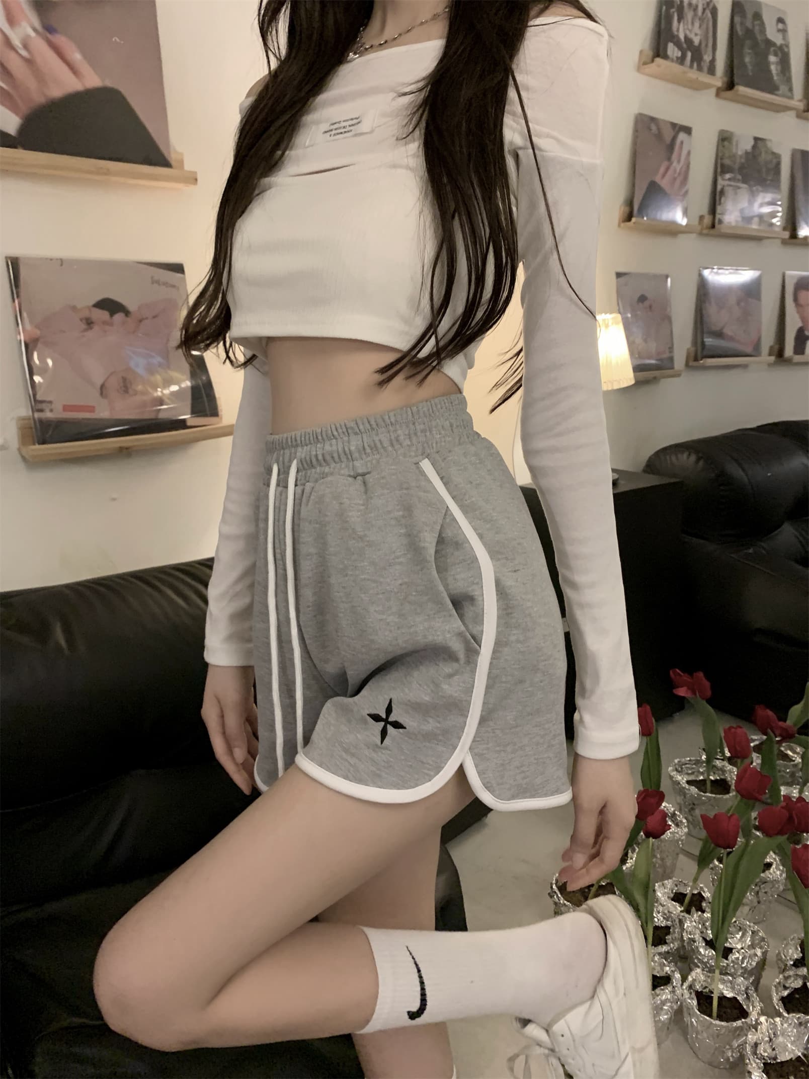 아메리칸 허리밴드 캐주얼 한 마디 넓은 다리 핫 바지 웨이 바지 운동 외출용 반바지 여성 루즈핏 자수 슬림해 보이는 패션 상세 이미지 6