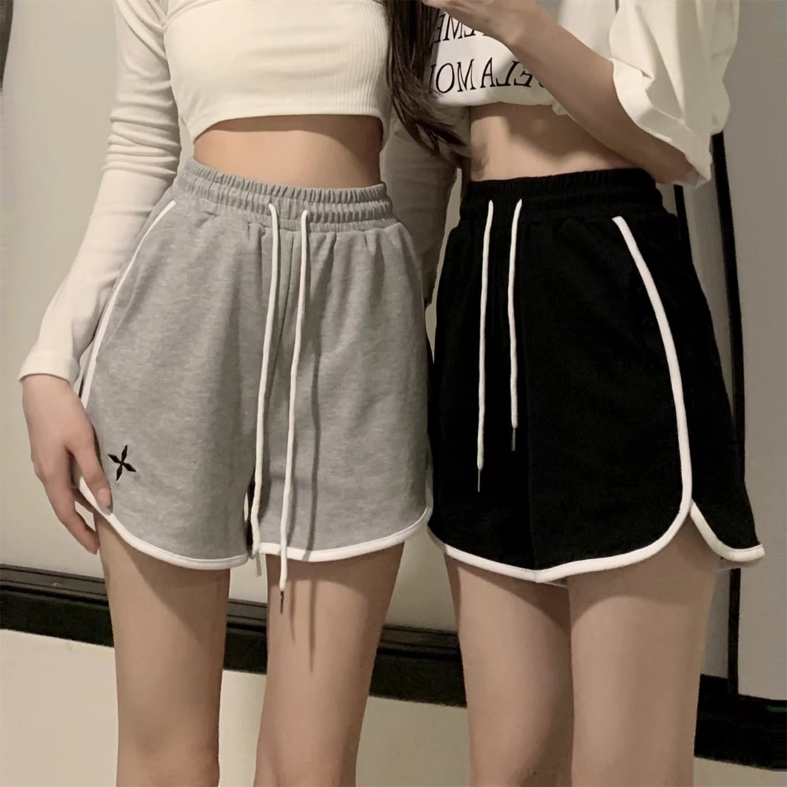 아메리칸 허리밴드 캐주얼 한 마디 넓은 다리 핫 바지 웨이 바지 운동 외출용 반바지 여성 루즈핏 자수 슬림해 보이는 패션 상세 이미지 10