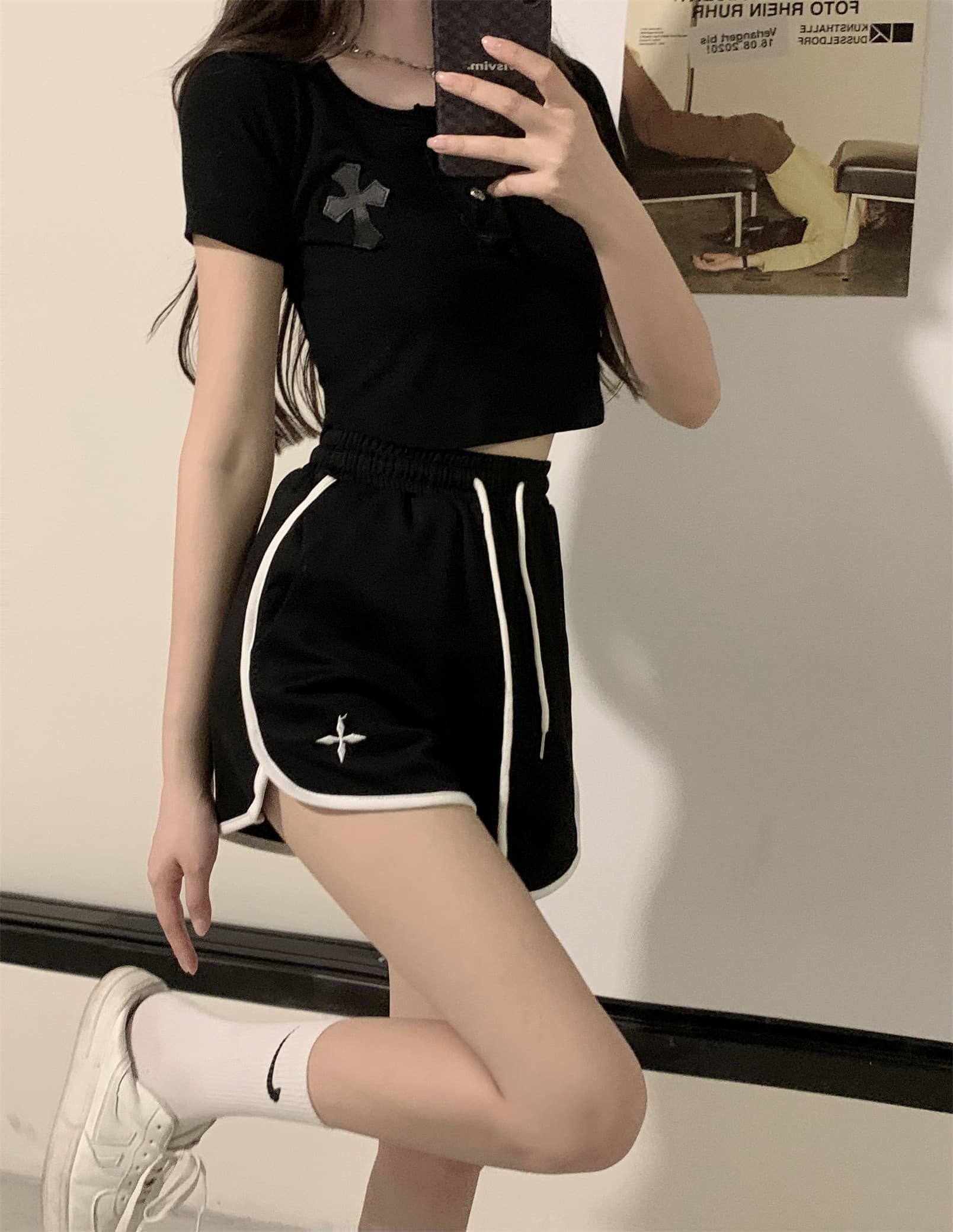 아메리칸 허리밴드 캐주얼 한 마디 넓은 다리 핫 바지 웨이 바지 운동 외출용 반바지 여성 루즈핏 자수 슬림해 보이는 패션 상세 이미지 13