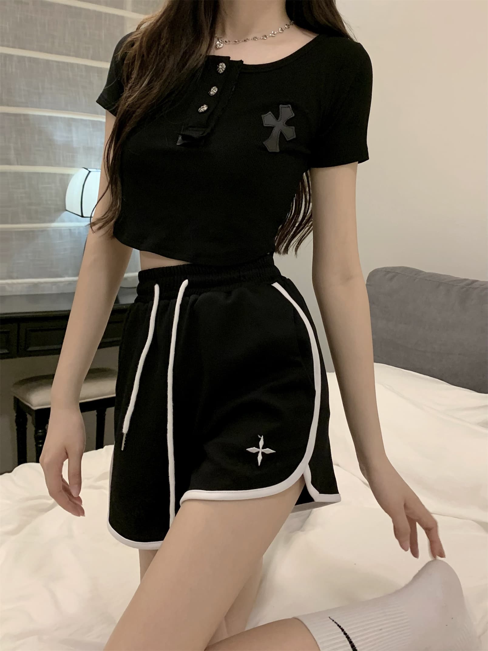 아메리칸 허리밴드 캐주얼 한 마디 넓은 다리 핫 바지 웨이 바지 운동 외출용 반바지 여성 루즈핏 자수 슬림해 보이는 패션 상세 이미지 14