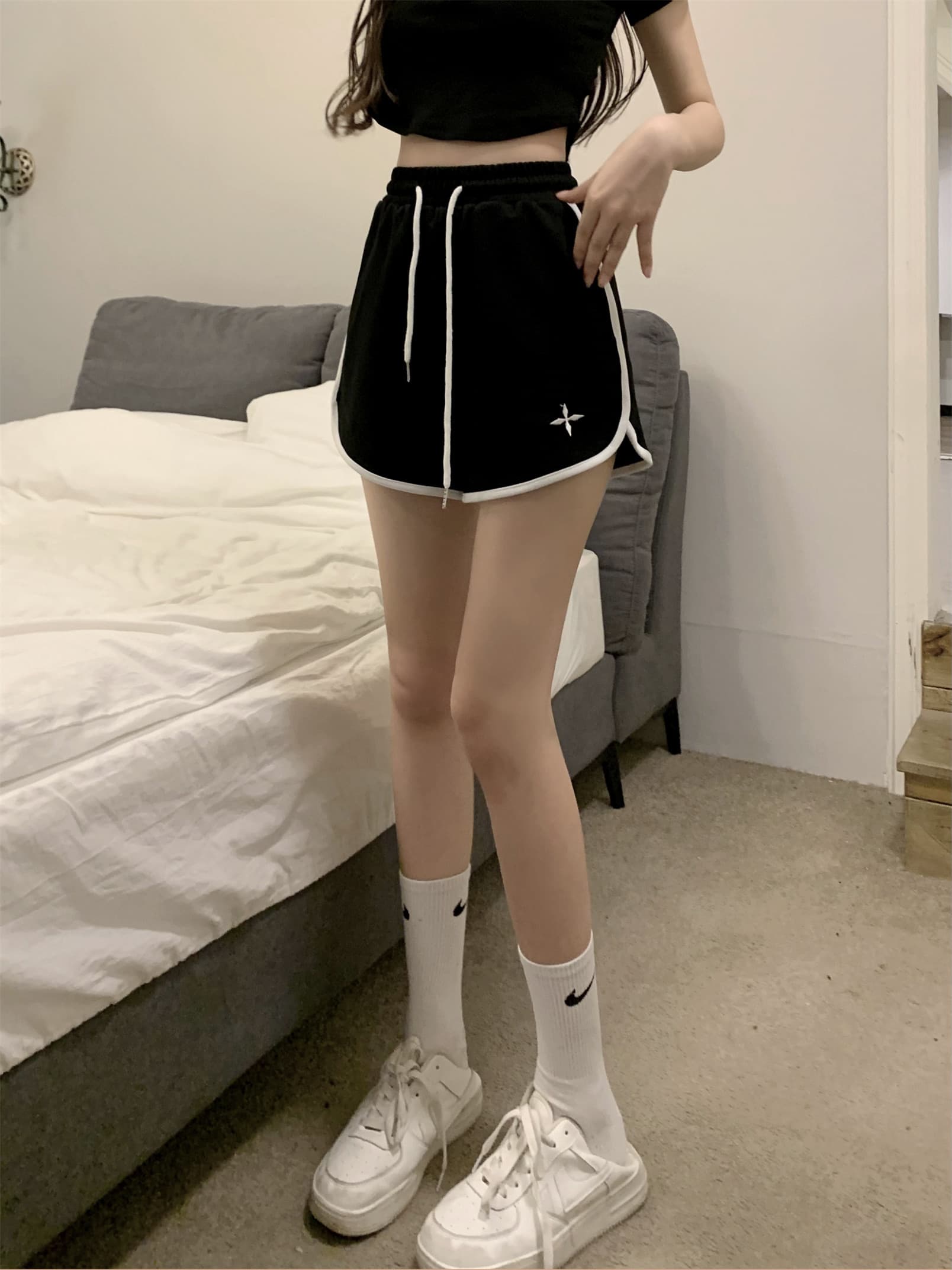 아메리칸 허리밴드 캐주얼 한 마디 넓은 다리 핫 바지 웨이 바지 운동 외출용 반바지 여성 루즈핏 자수 슬림해 보이는 패션 상세 이미지 17