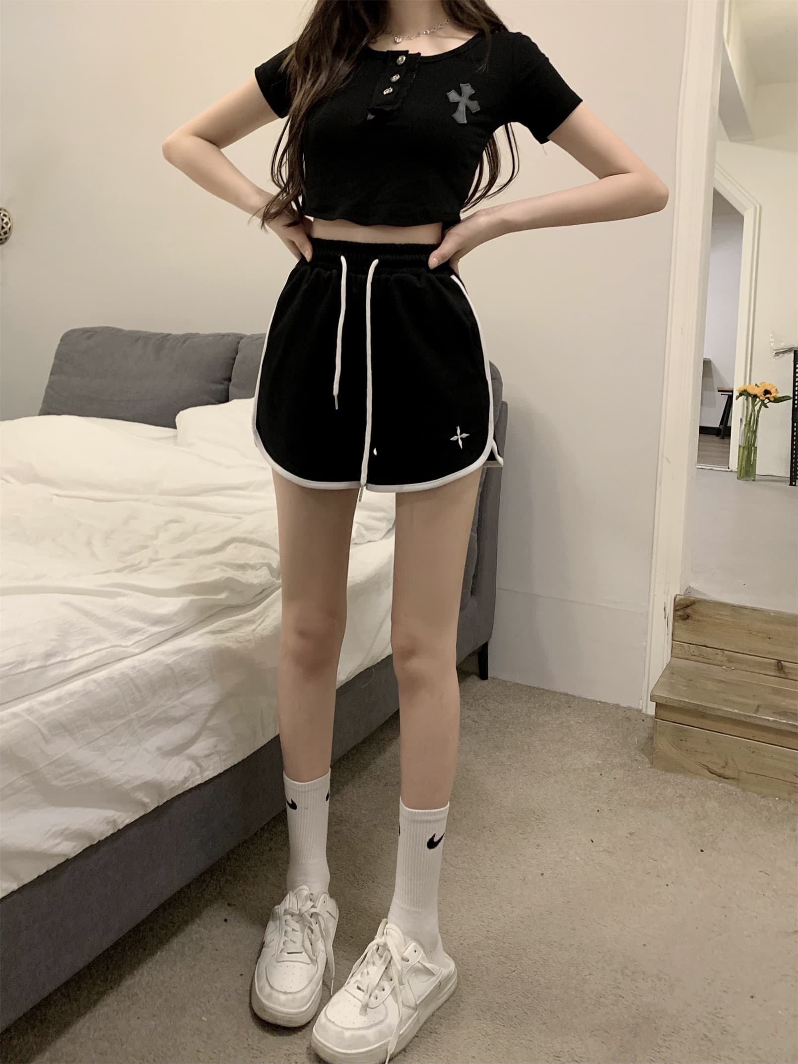 아메리칸 허리밴드 캐주얼 한 마디 넓은 다리 핫 바지 웨이 바지 운동 외출용 반바지 여성 루즈핏 자수 슬림해 보이는 패션 상세 이미지 18