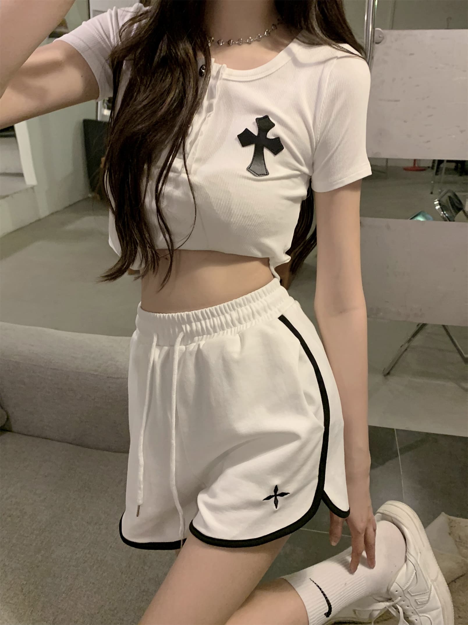 아메리칸 허리밴드 캐주얼 한 마디 넓은 다리 핫 바지 웨이 바지 운동 외출용 반바지 여성 루즈핏 자수 슬림해 보이는 패션 상세 이미지 22