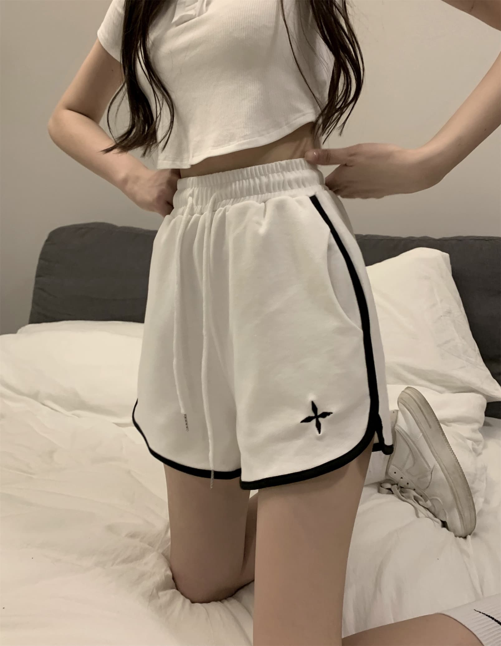 아메리칸 허리밴드 캐주얼 한 마디 넓은 다리 핫 바지 웨이 바지 운동 외출용 반바지 여성 루즈핏 자수 슬림해 보이는 패션 상세 이미지 25