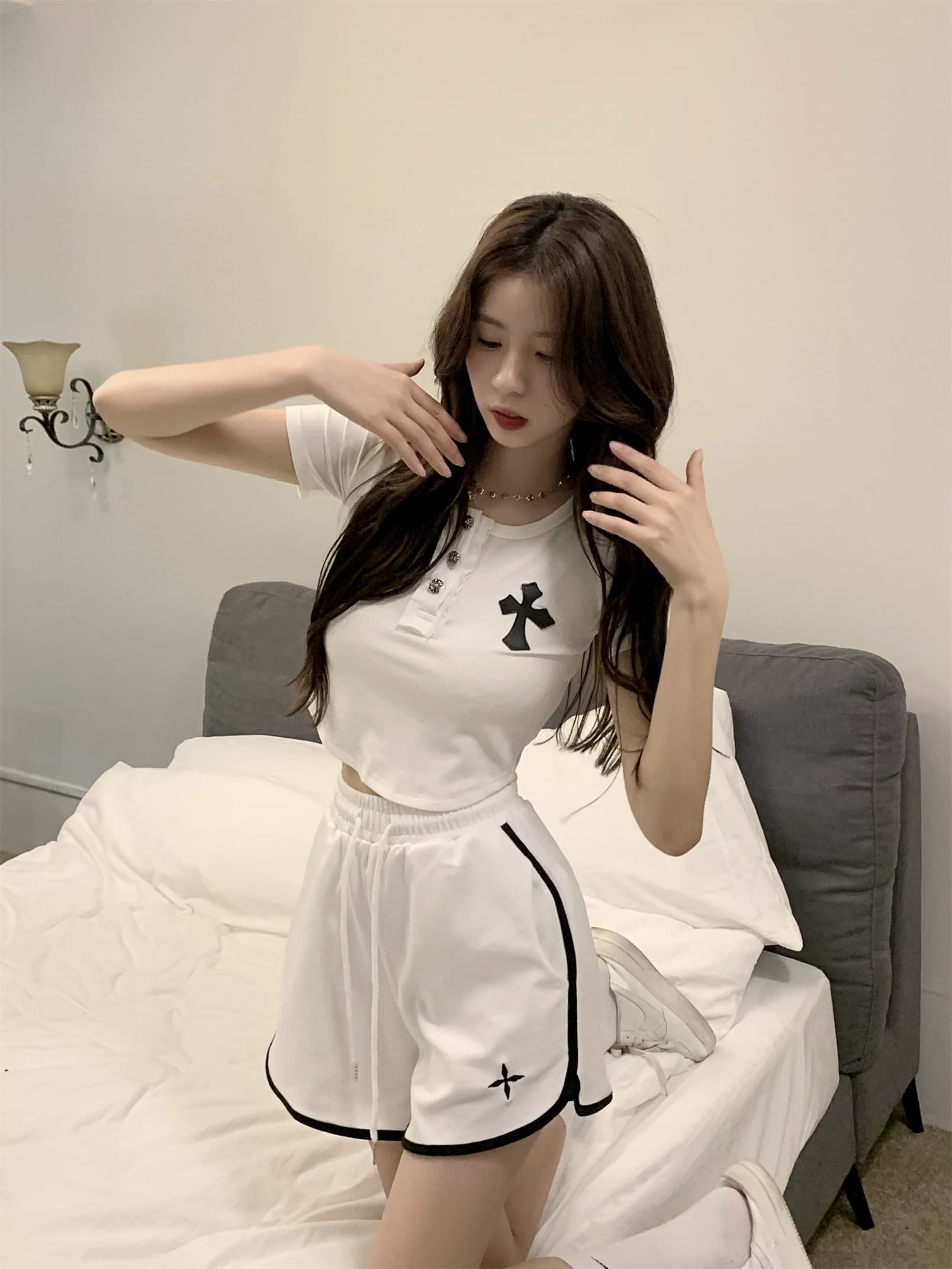 아메리칸 허리밴드 캐주얼 한 마디 넓은 다리 핫 바지 웨이 바지 운동 외출용 반바지 여성 루즈핏 자수 슬림해 보이는 패션 상세 이미지 26