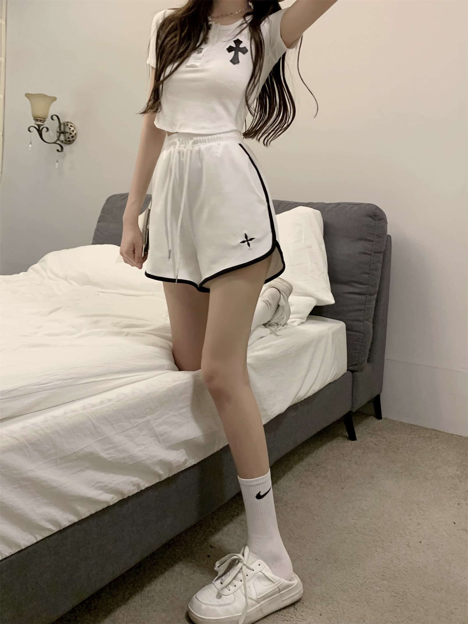 아메리칸 허리밴드 캐주얼 한 마디 넓은 다리 핫 바지 웨이 바지 운동 외출용 반바지 여성 루즈핏 자수 슬림해 보이는 패션 상세 이미지 27