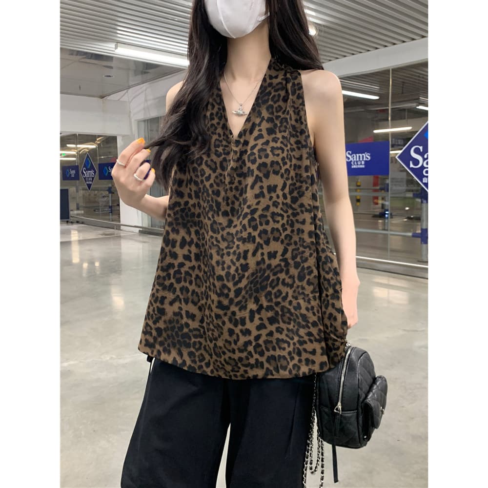 평직 공단 레트로 레오파드 무늬 행침 목 조끼 여성 새로운 핫걸 바람 품격 V넥 슬립 맨위