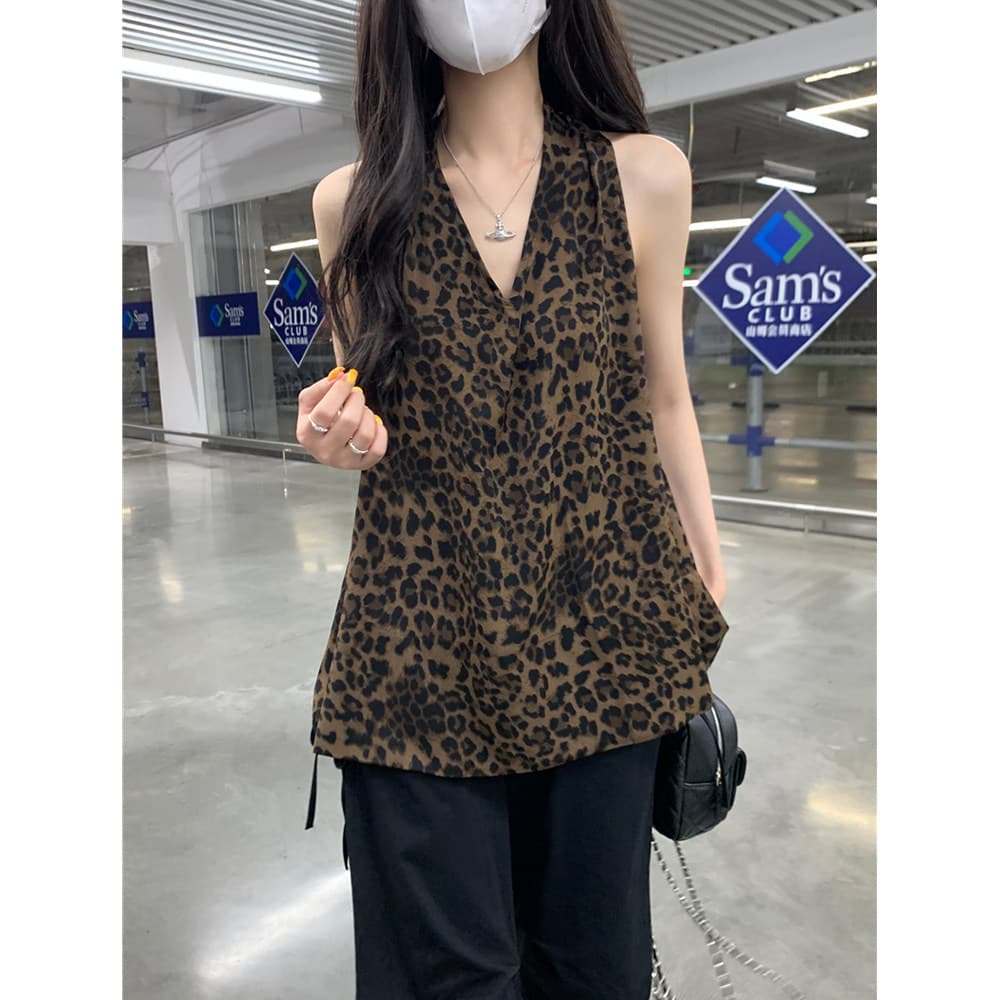 평직 공단 레트로 레오파드 무늬 행침 목 조끼 여성 새로운 핫걸 바람 품격 V넥 슬립 맨위 이미지 3