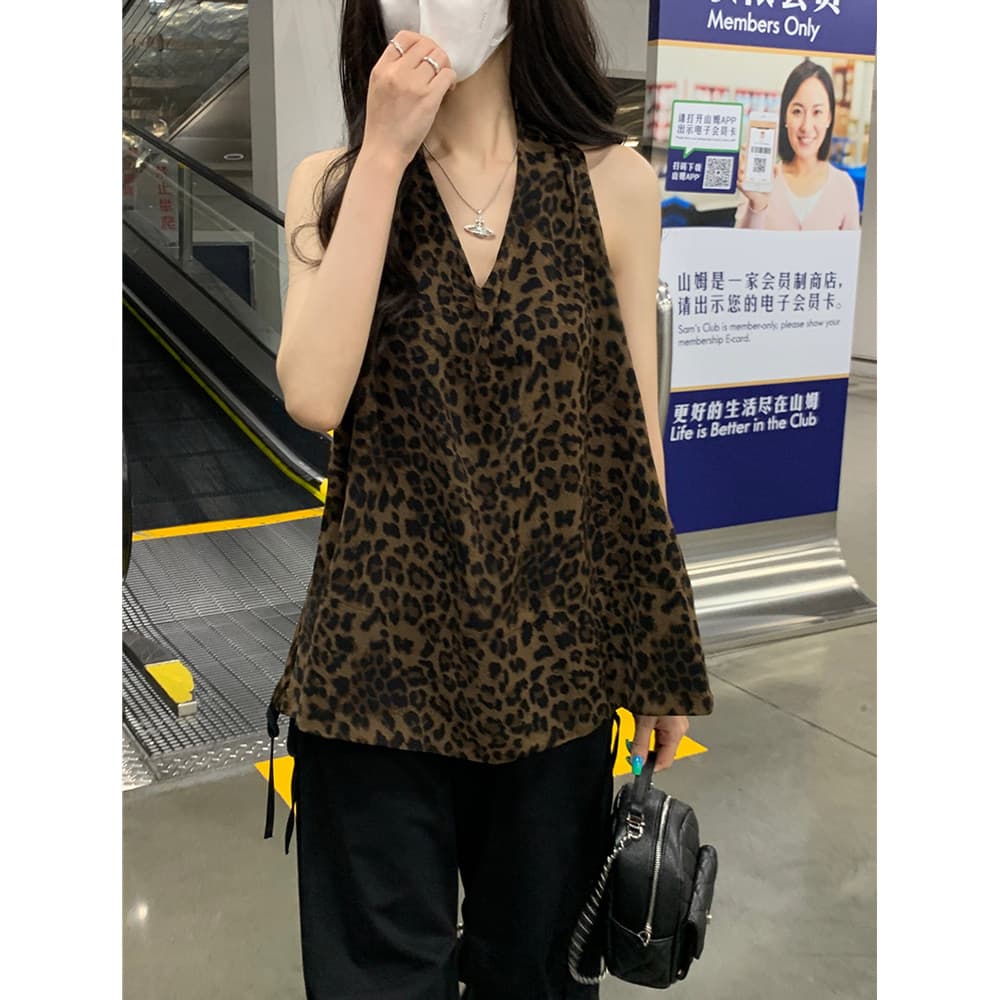 평직 공단 레트로 레오파드 무늬 행침 목 조끼 여성 새로운 핫걸 바람 품격 V넥 슬립 맨위 이미지 5