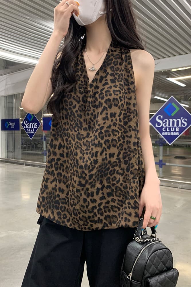 평직 공단 레트로 레오파드 무늬 행침 목 조끼 여성 새로운 핫걸 바람 품격 V넥 슬립 맨위 이미지 6