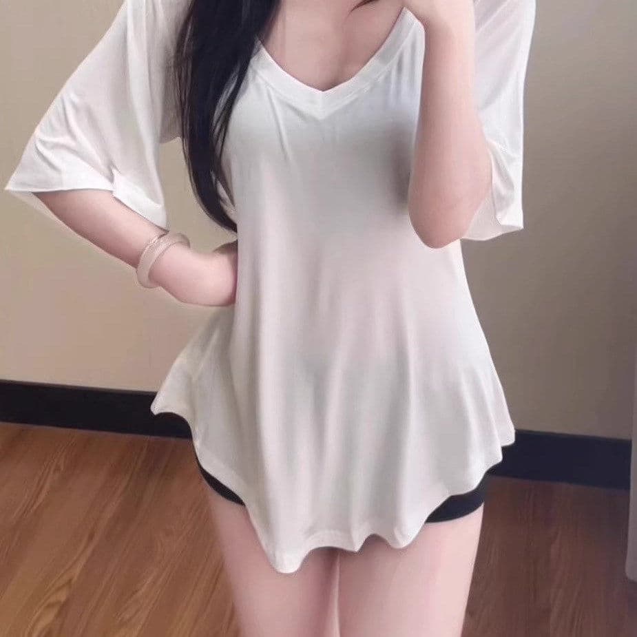 모방 면 느슨함 센스 V넥 캐주얼 다용도 루즈핏 슬림해 보이는 표지 고기 맨위 여름 미니멀리즘 반팔 티셔츠 이미지 3