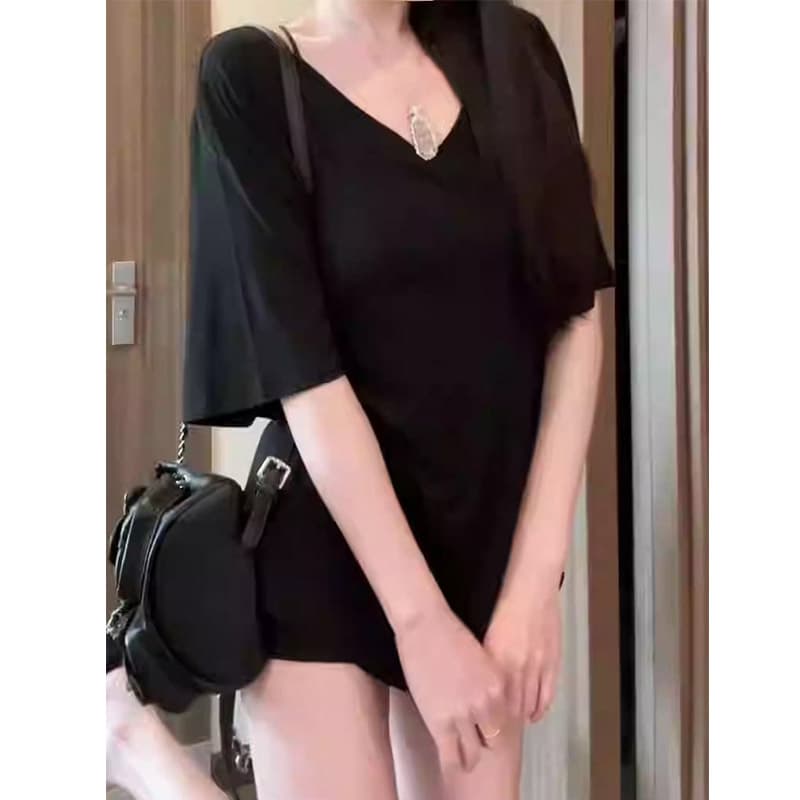 모방 면 느슨함 센스 V넥 캐주얼 다용도 루즈핏 슬림해 보이는 표지 고기 맨위 여름 미니멀리즘 반팔 티셔츠 이미지 2