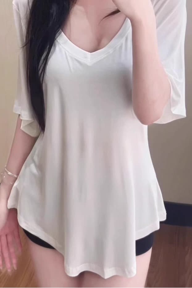 모방 면 느슨함 센스 V넥 캐주얼 다용도 루즈핏 슬림해 보이는 표지 고기 맨위 여름 미니멀리즘 반팔 티셔츠 이미지 6
