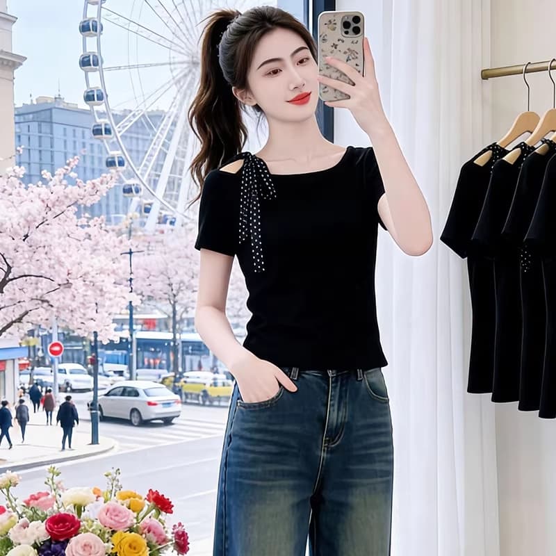 디자인 센스 작은 대중 도트 무늬 스트랩 반팔 티셔츠 여성 올해 인기 폭발 비스듬한 칼라 오프숄더 몸매 가꾸기 슬림해 보이는 맨위 이미지 2