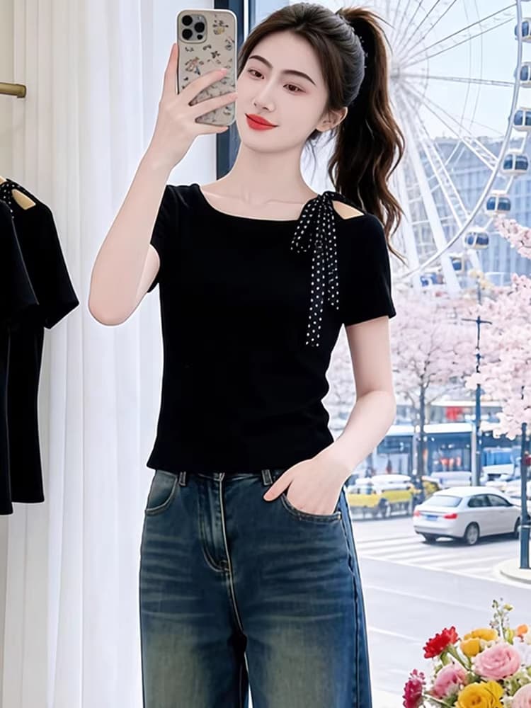 디자인 센스 작은 대중 도트 무늬 스트랩 반팔 티셔츠 여성 올해 인기 폭발 비스듬한 칼라 오프숄더 몸매 가꾸기 슬림해 보이는 맨위 상세 이미지 5