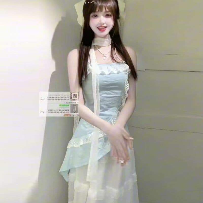 2026 새로운 여름 여성 의류 한 부서 품격 부드러운 프릴 슬립 드레스 해변가 분위기 센스 점프 슈트 치마 세트 이미지 5