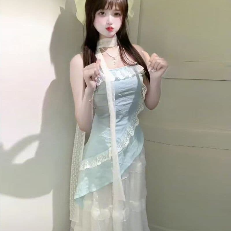 2026 새로운 여름 여성 의류 한 부서 품격 부드러운 프릴 슬립 드레스 해변가 분위기 센스 점프 슈트 치마 세트 상세 이미지 3