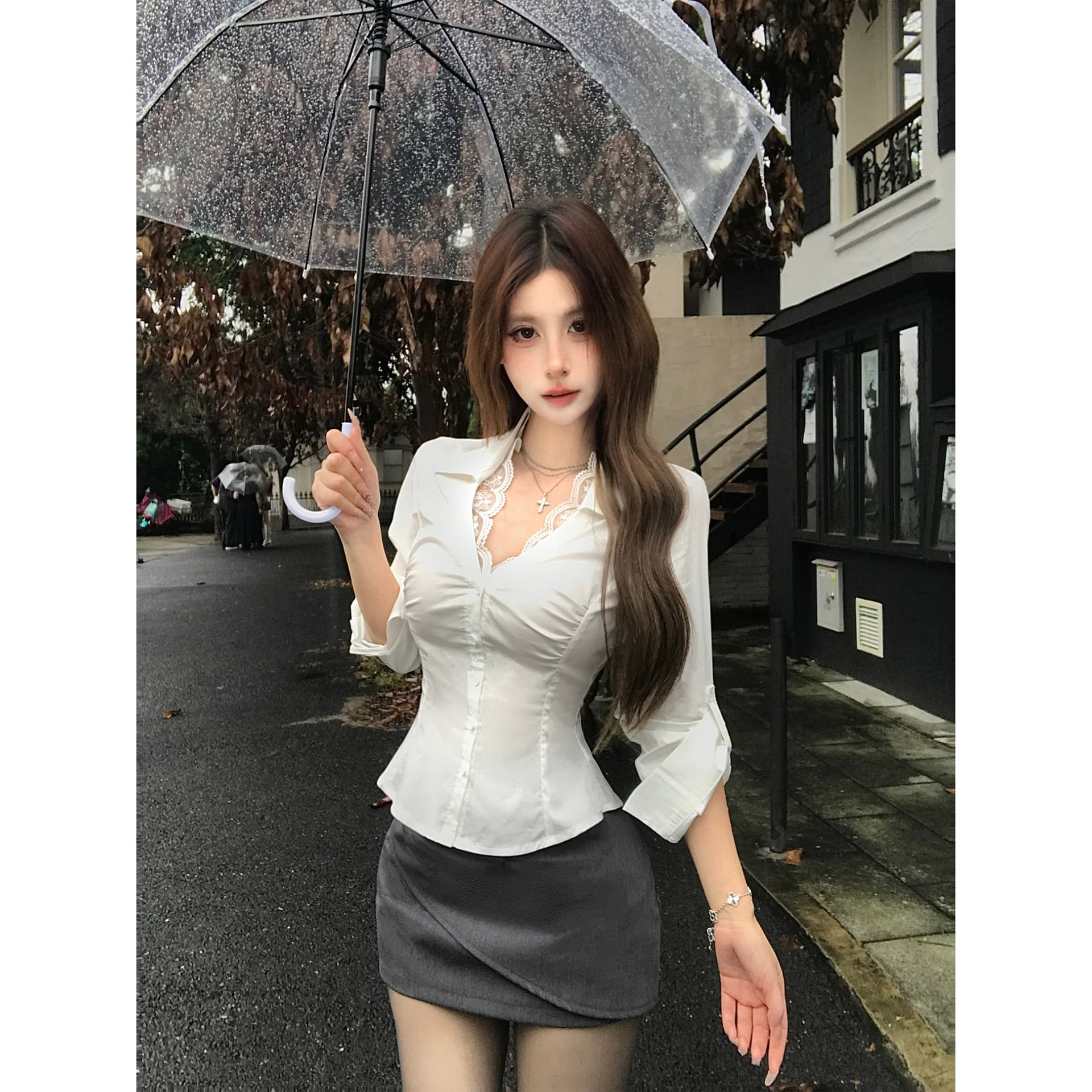 순면 V넥 흰 셔츠 레이스 조각 섹시함 긴팔 여성 셔츠 가을 디자인 센스 순수한 욕망 허리 수축 맨위 잘 생긴 상세 이미지 4