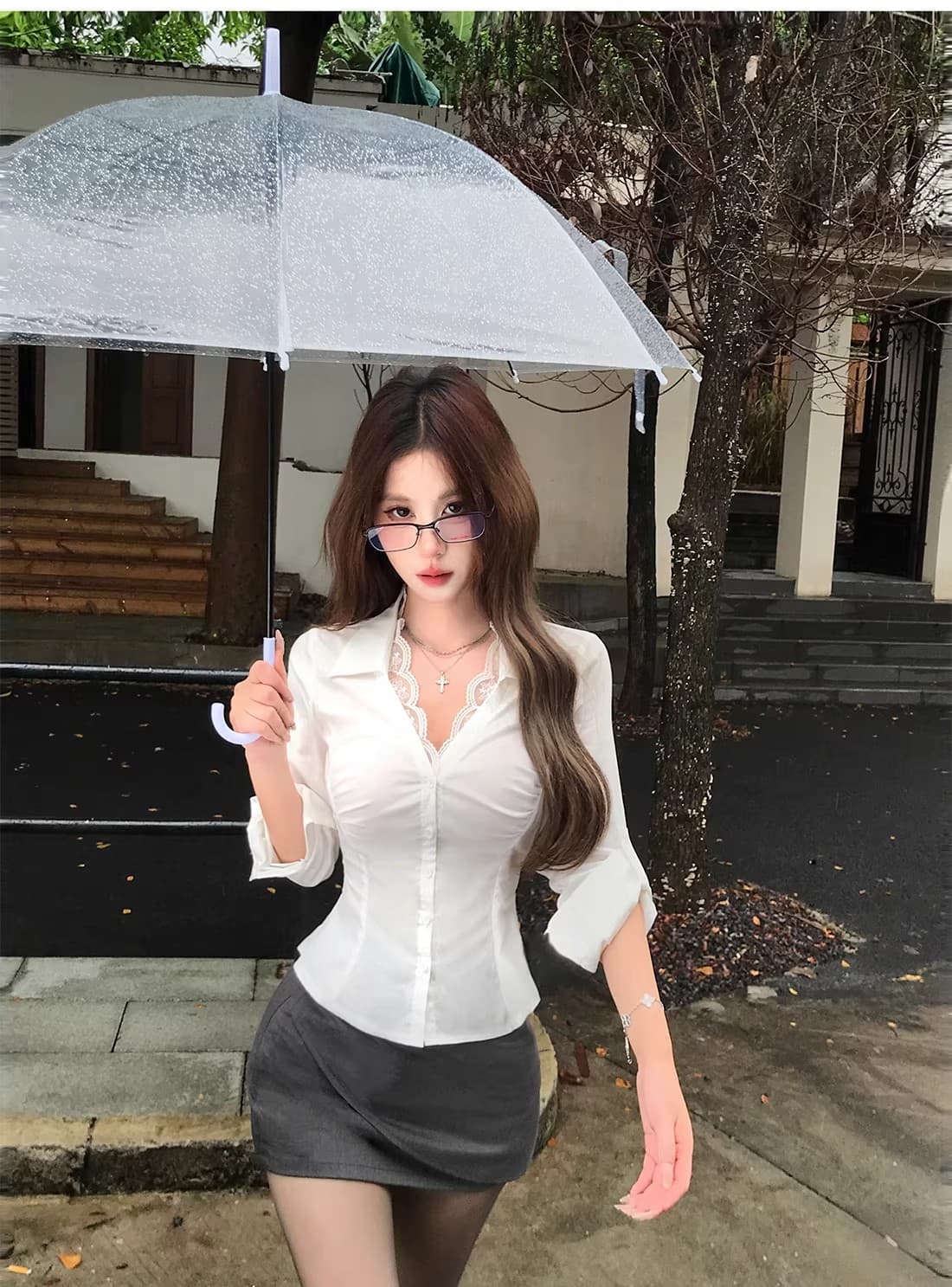 순면 V넥 흰 셔츠 레이스 조각 섹시함 긴팔 여성 셔츠 가을 디자인 센스 순수한 욕망 허리 수축 맨위 잘 생긴 상세 이미지 5