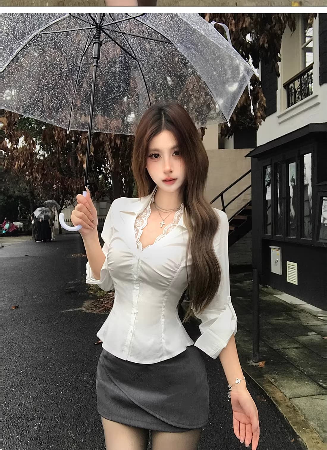 순면 V넥 흰 셔츠 레이스 조각 섹시함 긴팔 여성 셔츠 가을 디자인 센스 순수한 욕망 허리 수축 맨위 잘 생긴 상세 이미지 6