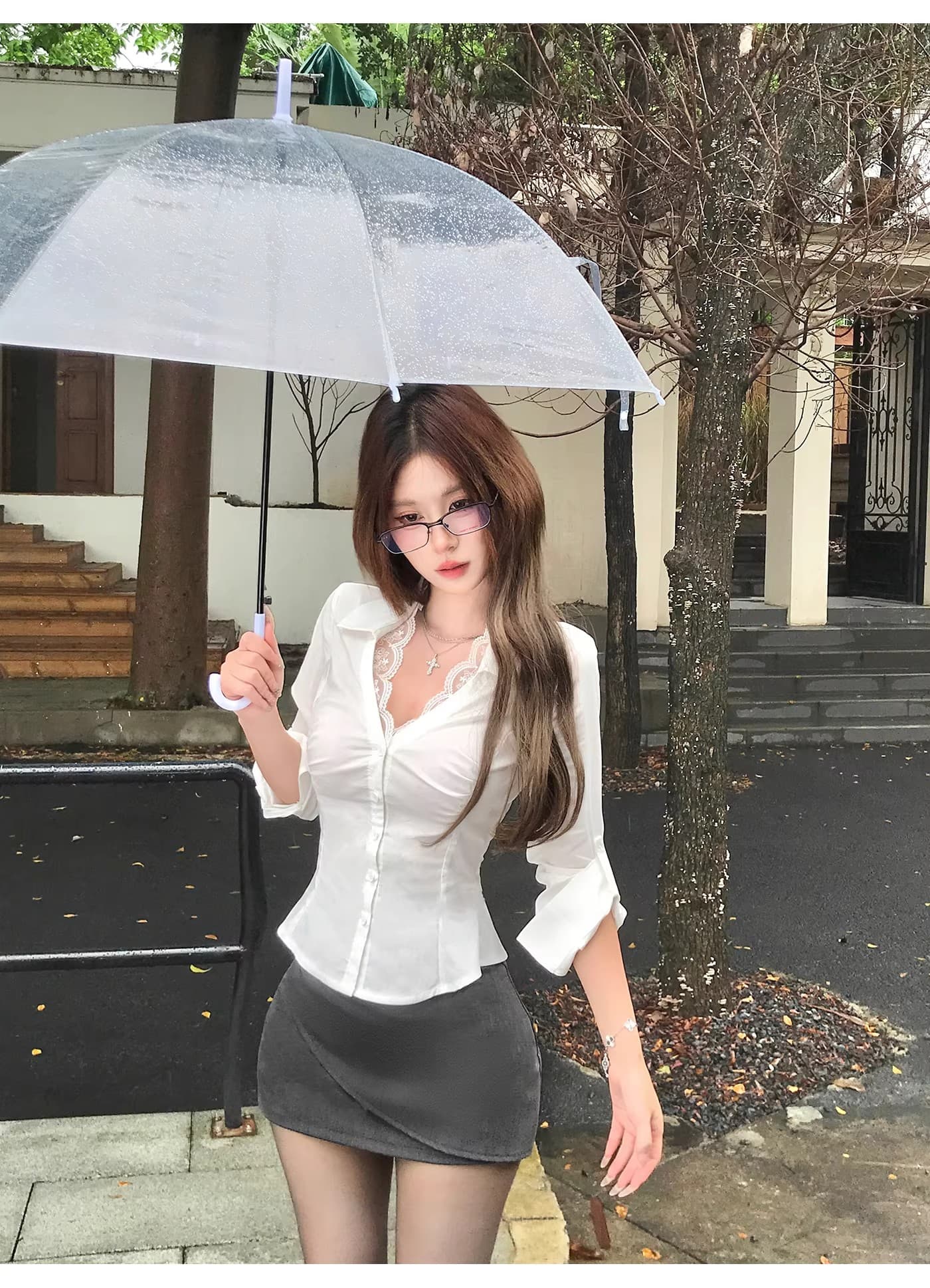순면 V넥 흰 셔츠 레이스 조각 섹시함 긴팔 여성 셔츠 가을 디자인 센스 순수한 욕망 허리 수축 맨위 잘 생긴 상세 이미지 9