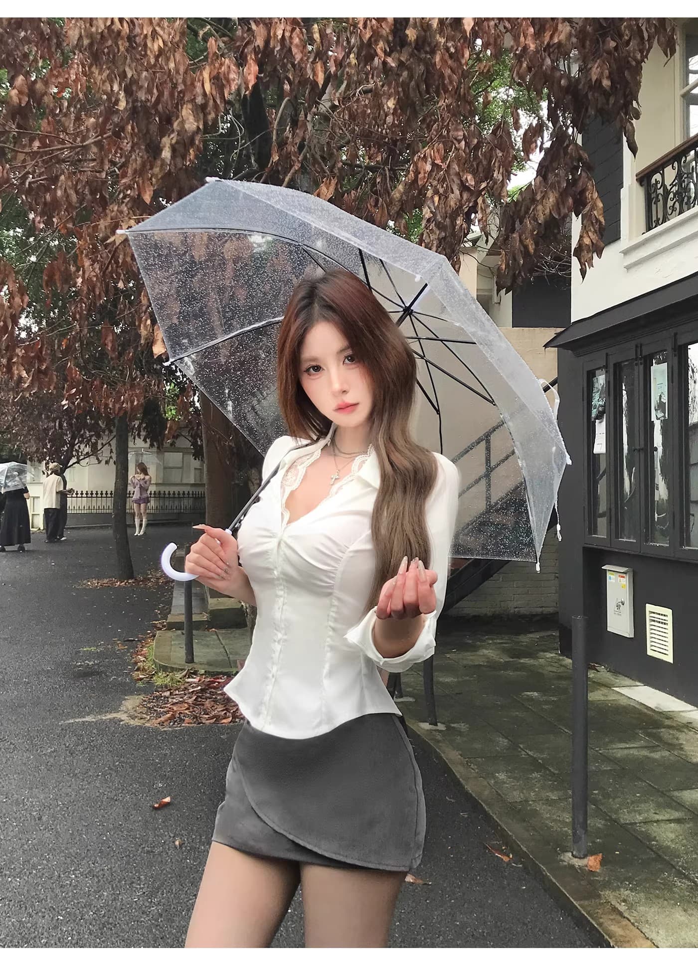 순면 V넥 흰 셔츠 레이스 조각 섹시함 긴팔 여성 셔츠 가을 디자인 센스 순수한 욕망 허리 수축 맨위 잘 생긴 상세 이미지 10