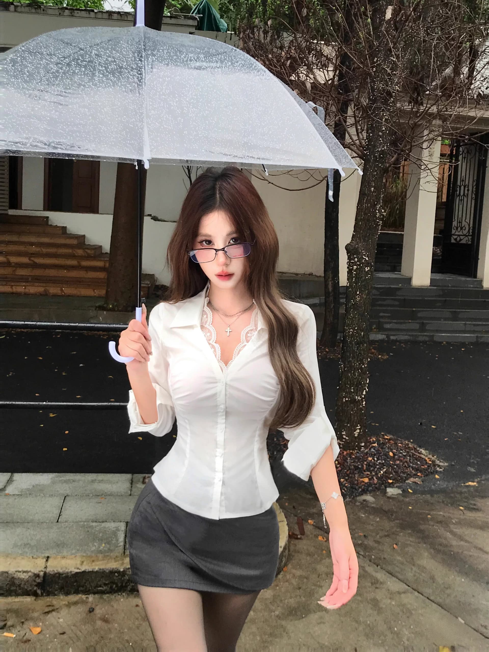 순면 V넥 흰 셔츠 레이스 조각 섹시함 긴팔 여성 셔츠 가을 디자인 센스 순수한 욕망 허리 수축 맨위 잘 생긴 상세 이미지 11