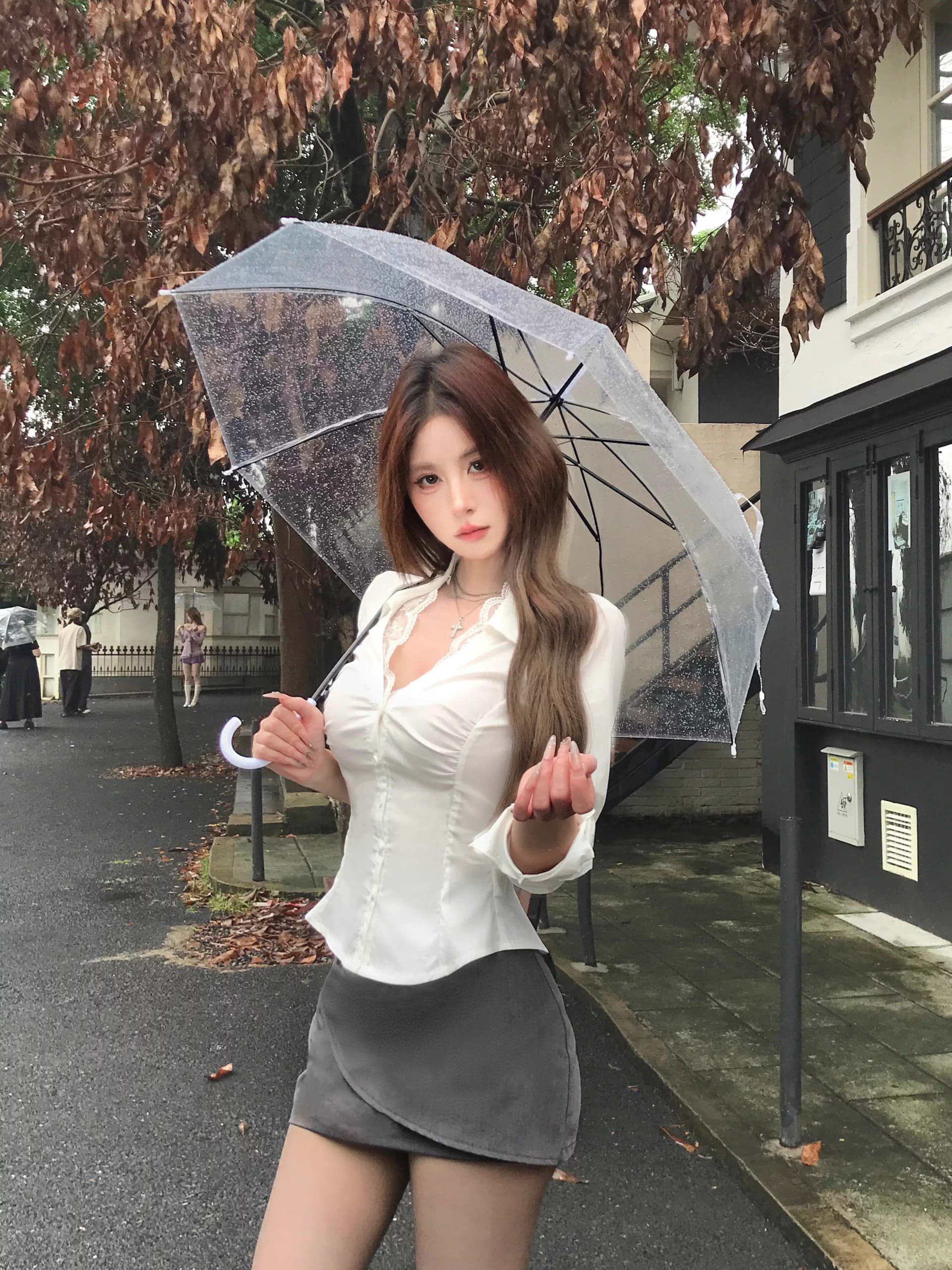순면 V넥 흰 셔츠 레이스 조각 섹시함 긴팔 여성 셔츠 가을 디자인 센스 순수한 욕망 허리 수축 맨위 잘 생긴 상세 이미지 14
