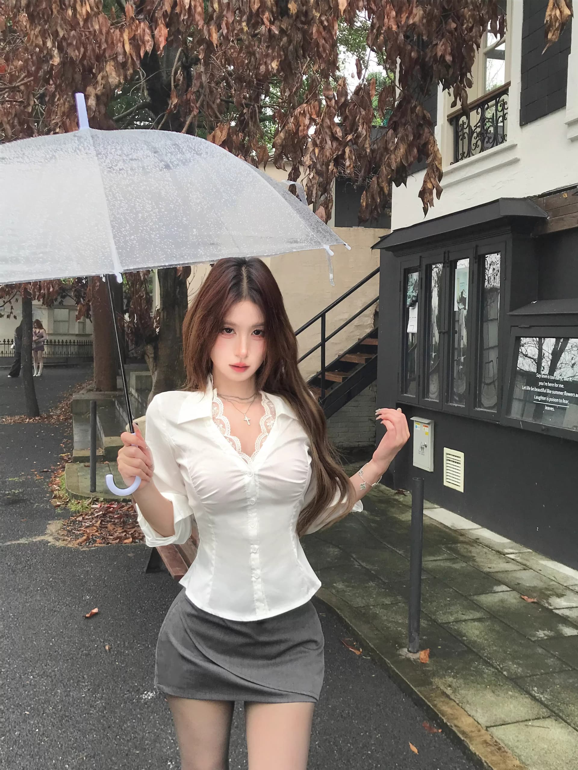순면 V넥 흰 셔츠 레이스 조각 섹시함 긴팔 여성 셔츠 가을 디자인 센스 순수한 욕망 허리 수축 맨위 잘 생긴 상세 이미지 15