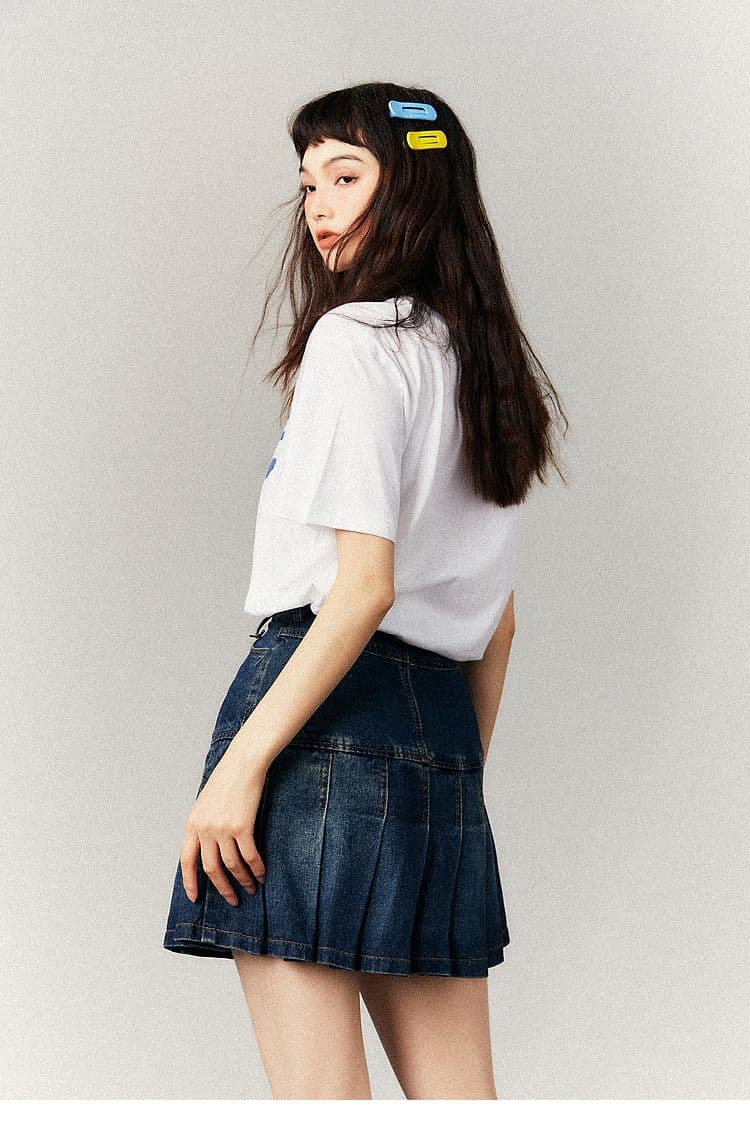 패션 세트 알파벳 프린트 루즈핏 라운드 넥 반팔 가져 가라. 얇은 스타일 격자 무늬 셔츠 가져 가라. 체크무늬 패치워크 청바지 상세 이미지 8