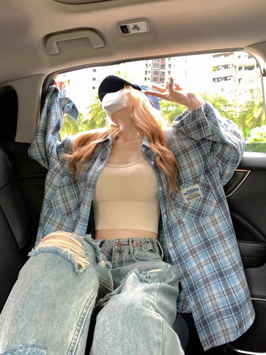 패션 세트 알파벳 프린트 루즈핏 라운드 넥 반팔 가져 가라. 얇은 스타일 격자 무늬 셔츠 가져 가라. 체크무늬 패치워크 청바지 상세 이미지 14