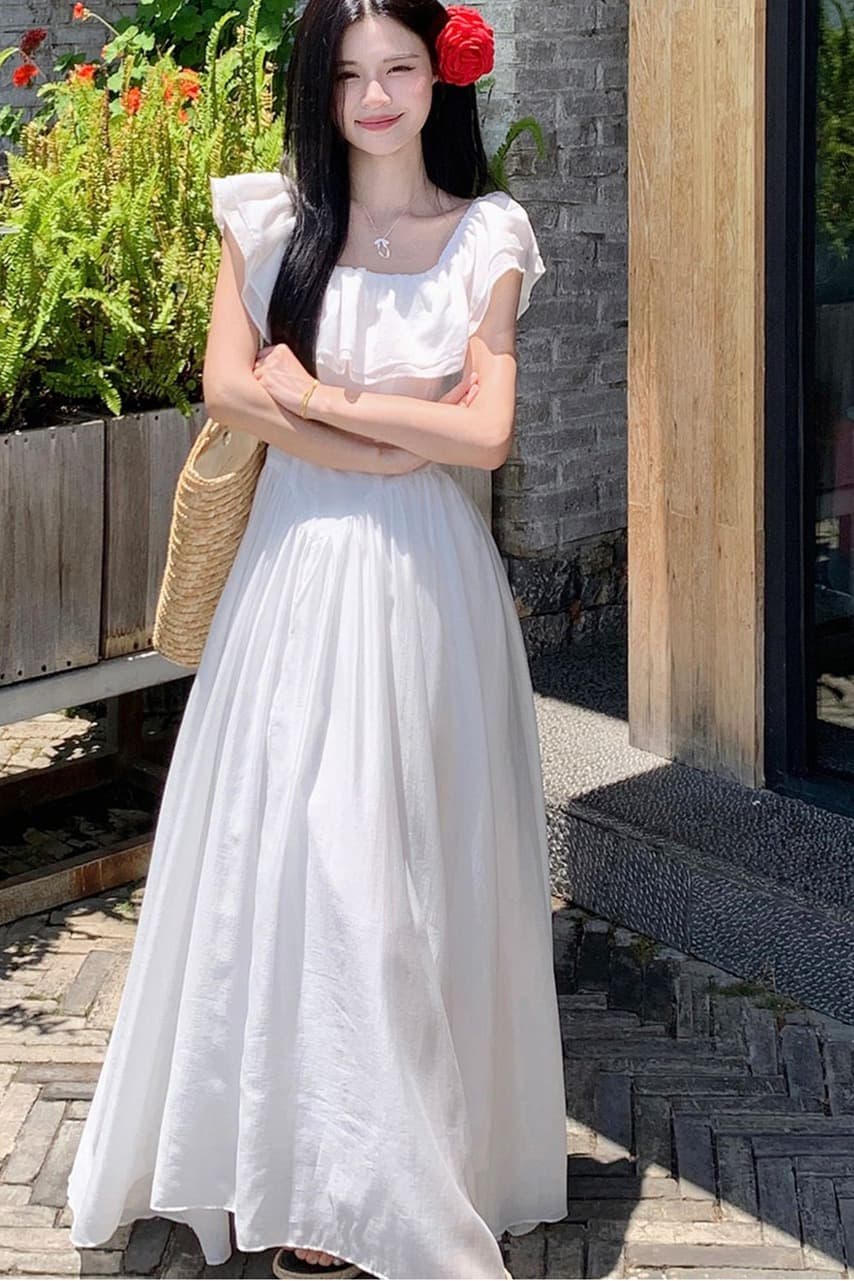 2026 새로운 프랑스식 부드러운 연꽃 잎 오프숄더 드레스 여름 고급 슬림해 보이는 허리 수축 품격 화이트 롱 스커트 이미지 6