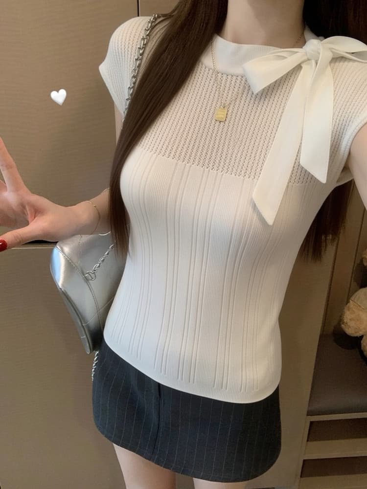 한 부서 순수한 욕망 나비 매듭 스트랩 홀로우 아웃 반팔 티셔츠 여성 여름 2026 새로운 작은 대중 분위기 센스 니트 맨위 상세 이미지 1