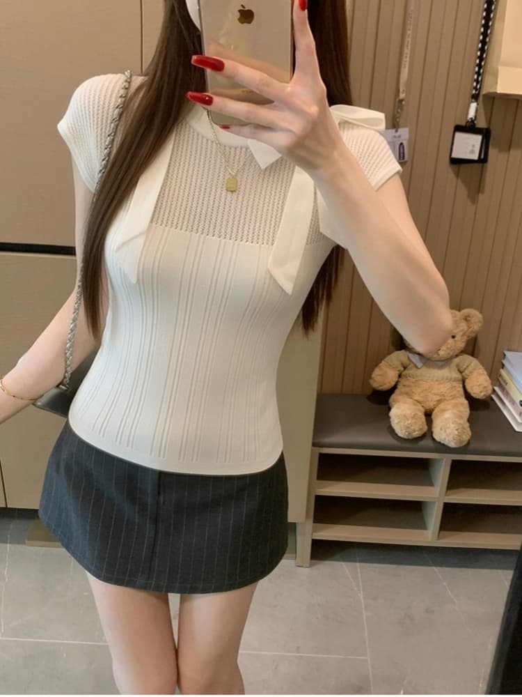 한 부서 순수한 욕망 나비 매듭 스트랩 홀로우 아웃 반팔 티셔츠 여성 여름 2026 새로운 작은 대중 분위기 센스 니트 맨위 상세 이미지 2
