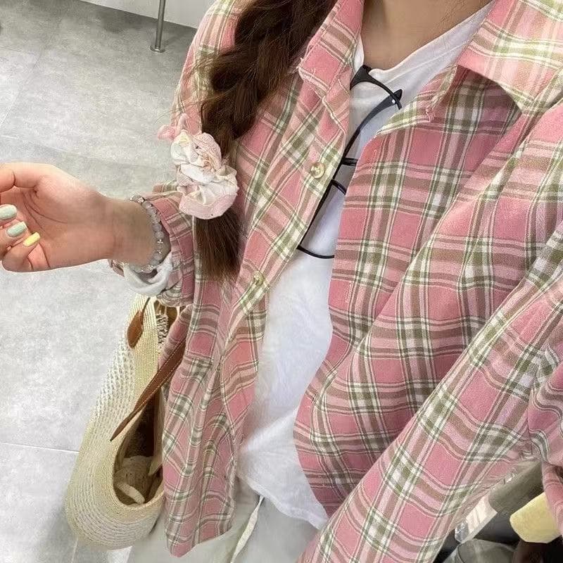 실사 파란색 체크무늬 여성 셔츠 2025 봄 여름 외부 가져 가라. 디자인 센스 작은 대중 패션 셔츠 여름 재킷 이미지 3