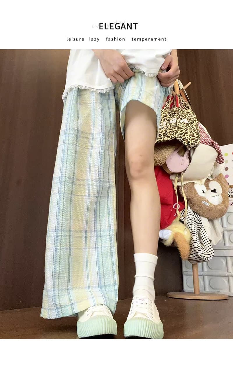 도파민 체크무늬 야마모토 와이드 레깅스 바지 여름 얇은 스타일 캐주얼 슬림해 보이는 도루 센스 바닥 청소 바지 대외 무역 한 싱글 폭발 상세 이미지 4