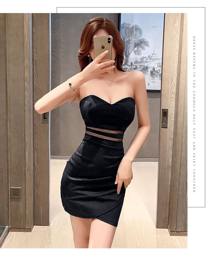 핫걸 타이트 스커트 순수한 욕망 섹시함 튜브탑 허리 수축 망사 패치워크 슈퍼 매운맛 미니 스커트 품격 몸매 가꾸기 슬림해 보이는 드레스 상세 이미지 13