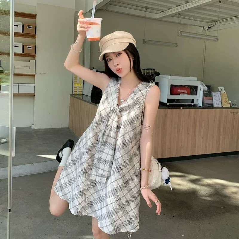학원 스타일 체크무늬 레이스업 여성 드레스 2026 여름 새로운 슬림해 보이는 연령 감소 해군 칼라 작은 대중 조끼 미니 스커트 상세 이미지 2