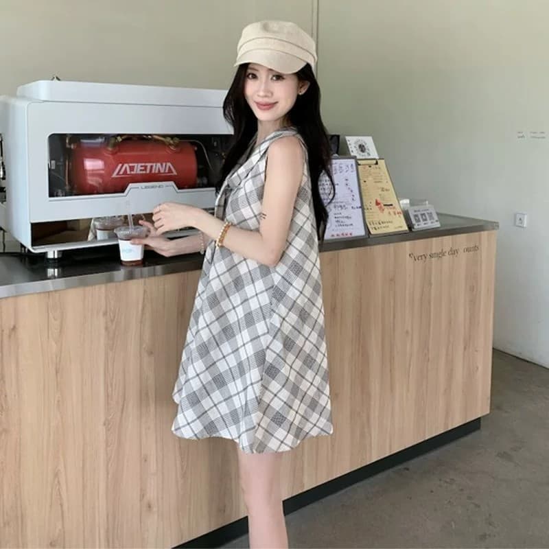 학원 스타일 체크무늬 레이스업 여성 드레스 2026 여름 새로운 슬림해 보이는 연령 감소 해군 칼라 작은 대중 조끼 미니 스커트 상세 이미지 5