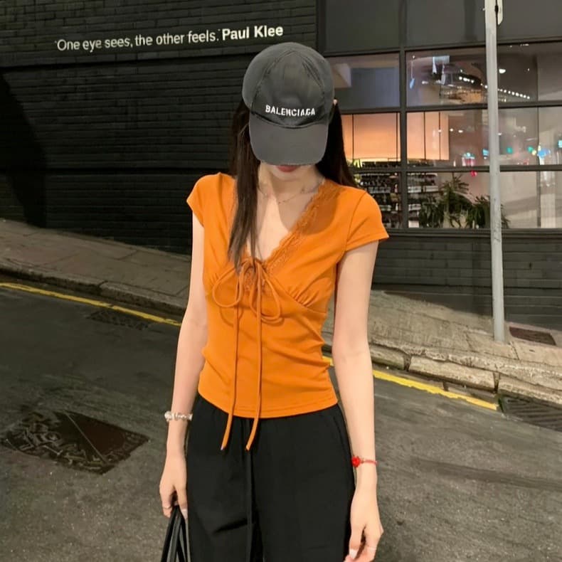 210 그램 순면 한 부서 레이스 레이스 V넥 스트랩 반팔 티셔츠 긍정적 인 어깨 몸매 가꾸기 여름 쇼트 스타일 핫걸 맨위 이미지 4