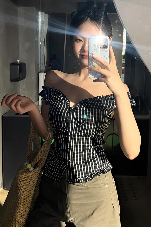 미친 하트 비트 체크무늬 오프숄더 둘 착용 오프숄더 순수한 욕망 달콤한 매운맛 레트로 셔츠 핫걸 체크무늬 맨위 여성 여름 이미지 6